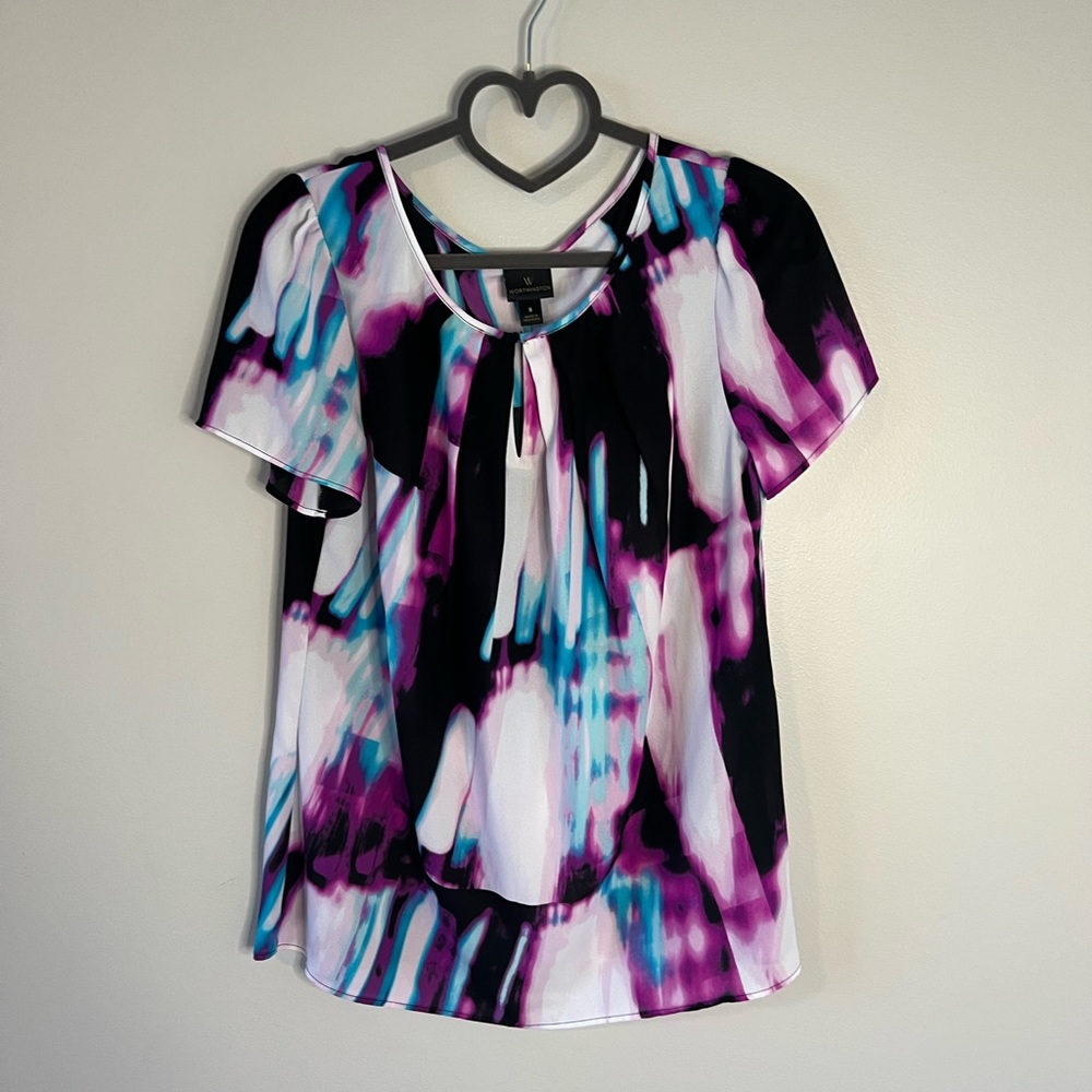 Dressy White Multicolored Blouse (white, purple, black and blue)